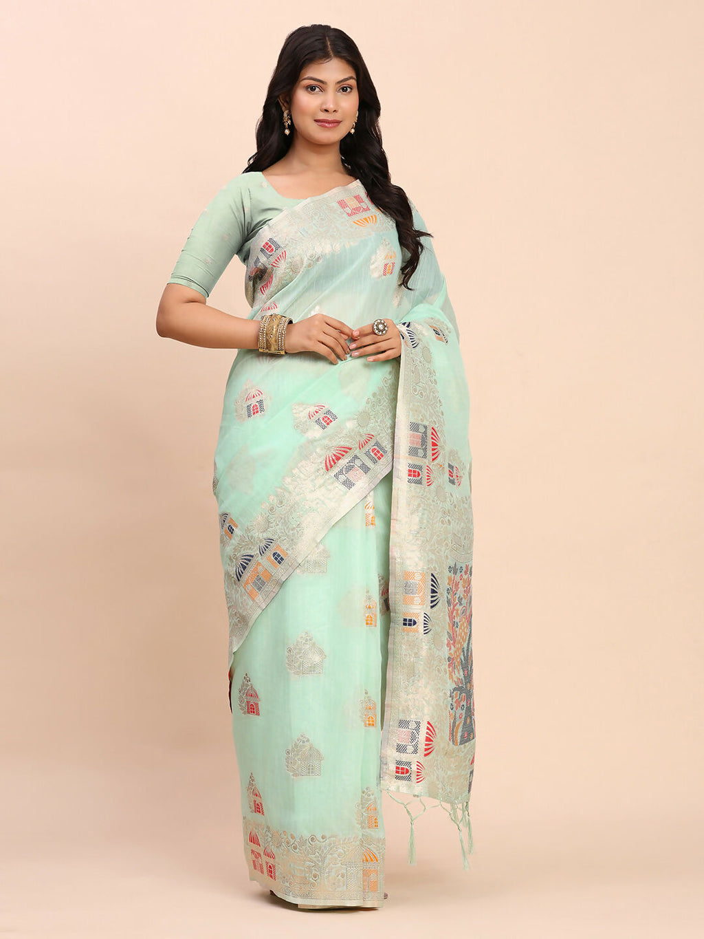 Shree Shyam Fashion Linen Cotton Sea Green Saree