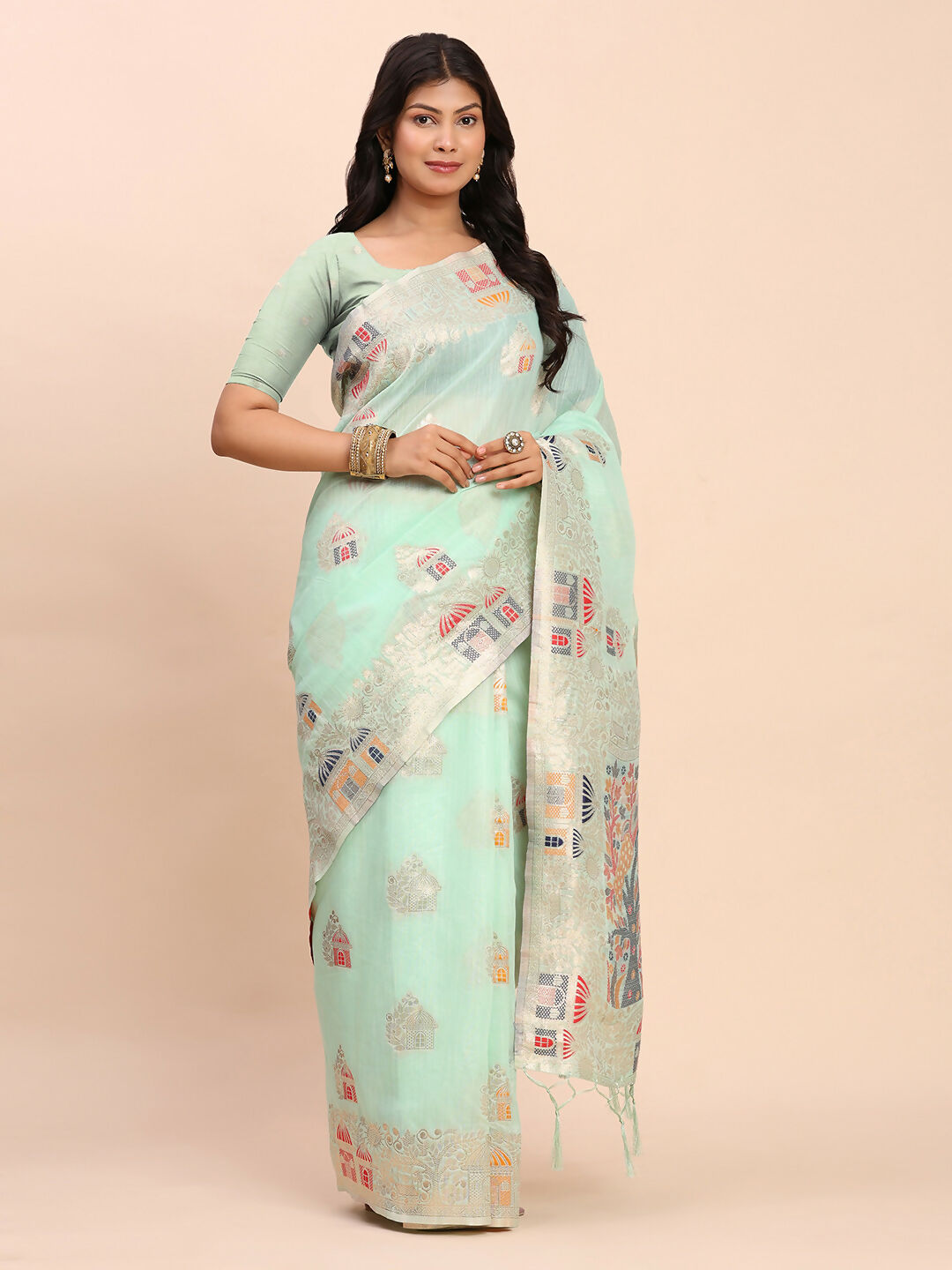 Shree Shyam Fashion Linen Cotton Sea Green Saree
