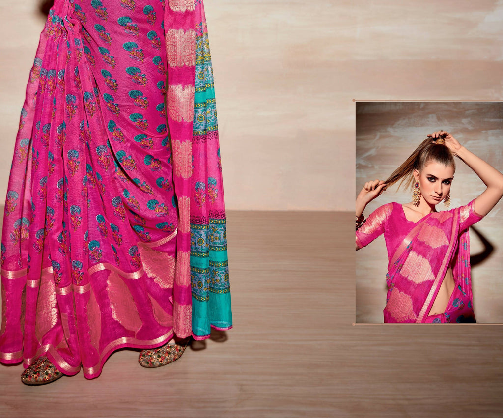 Pink Cotton Floral Printed Saree With Unstitched Blouse Piece - Kathika