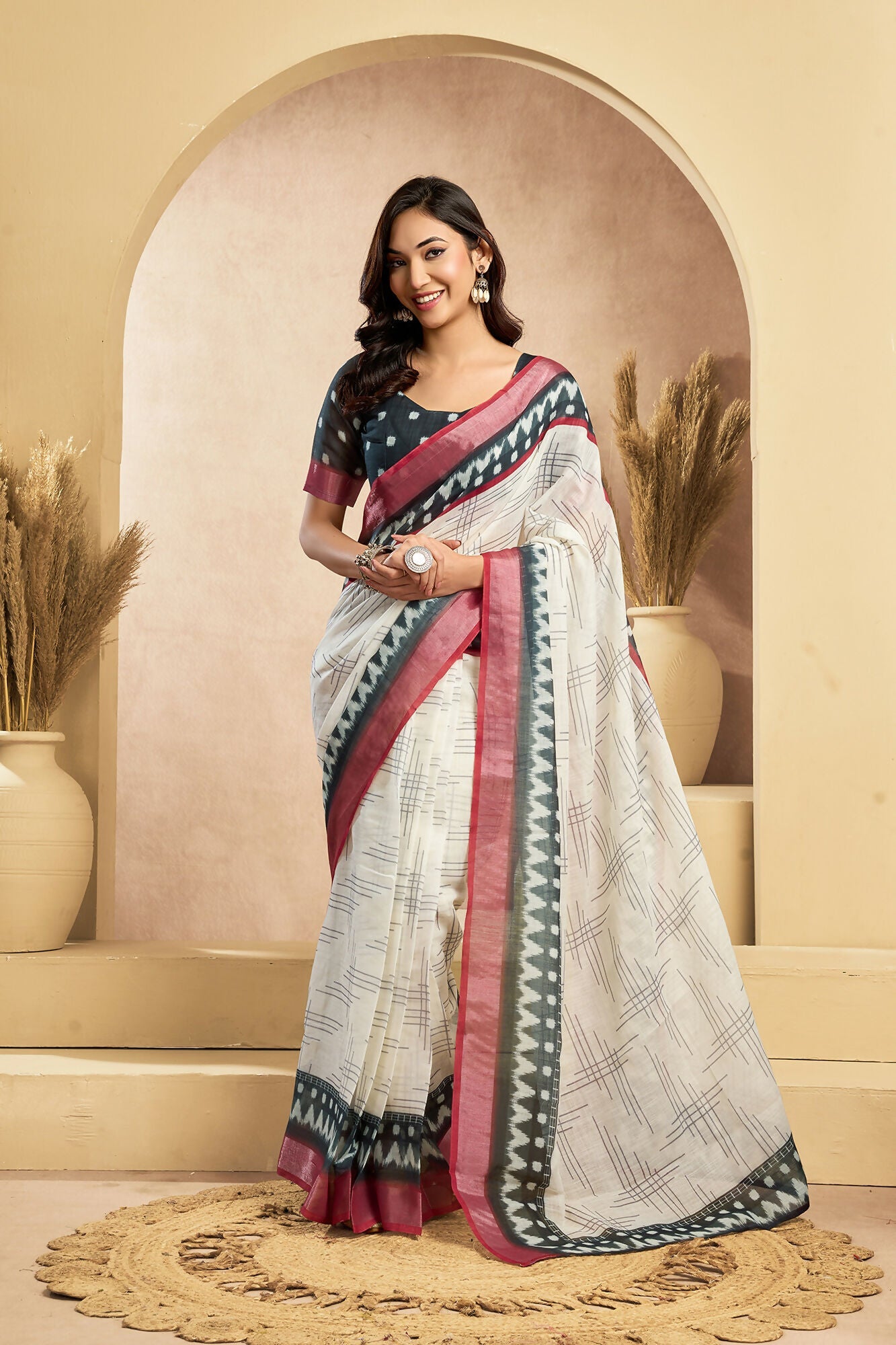 Vastranavya Digital Printed Linen Ready To Wear Pocket Saree with Unstitched Blouse
