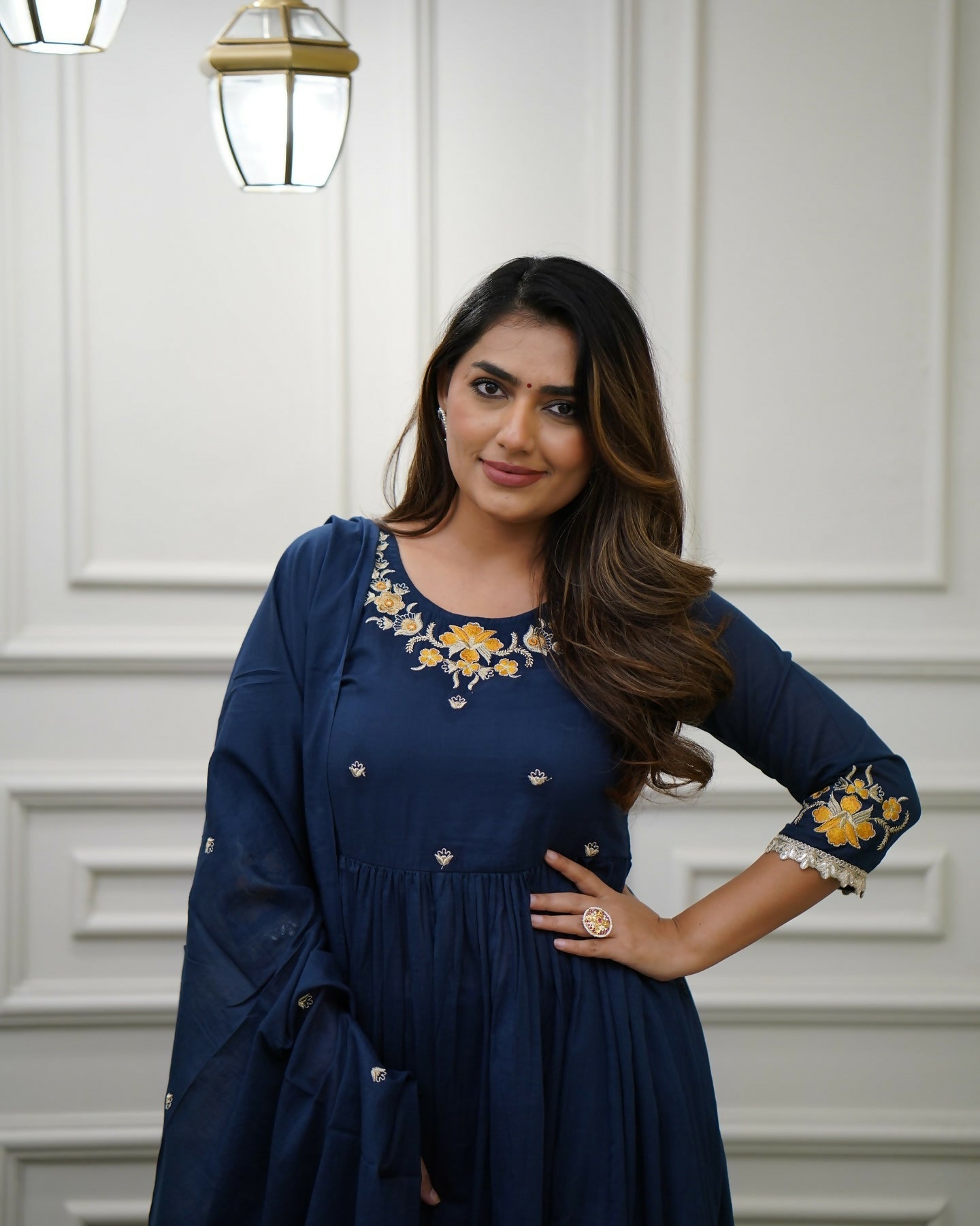 The52 Blue Women's Gorgeous Viscose Fabric Embroidered Work Flared Kurta Pant and Dupatta Set