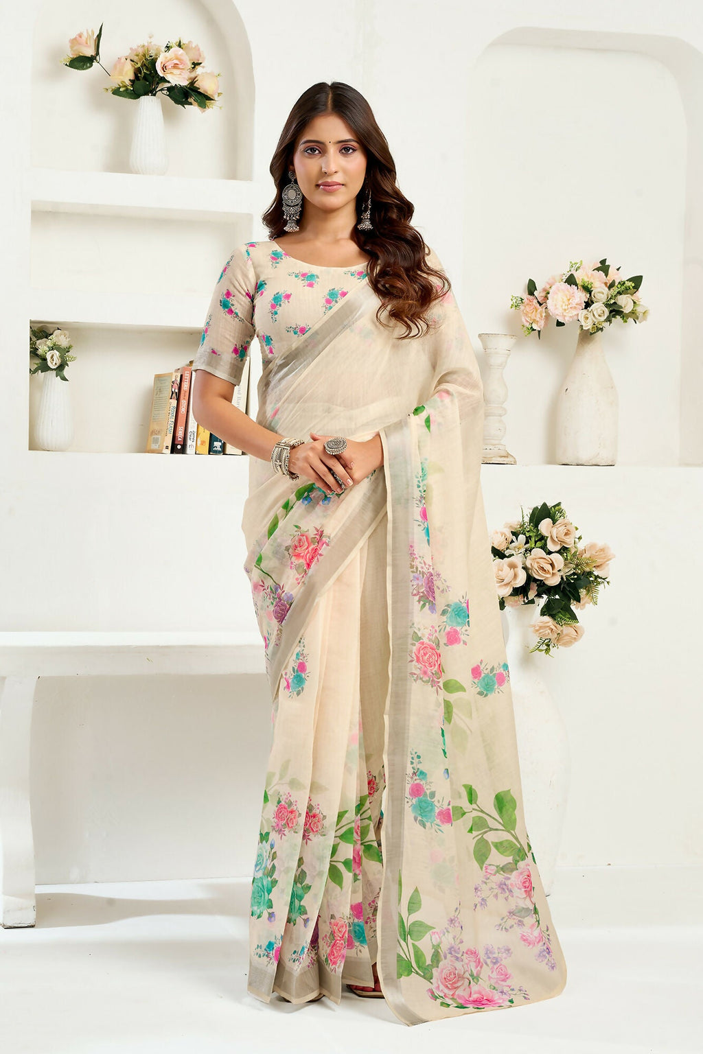 Vastranavya Cream Digital Printed Linen Ready To Wear Designer Saree with Unstitched Blouse