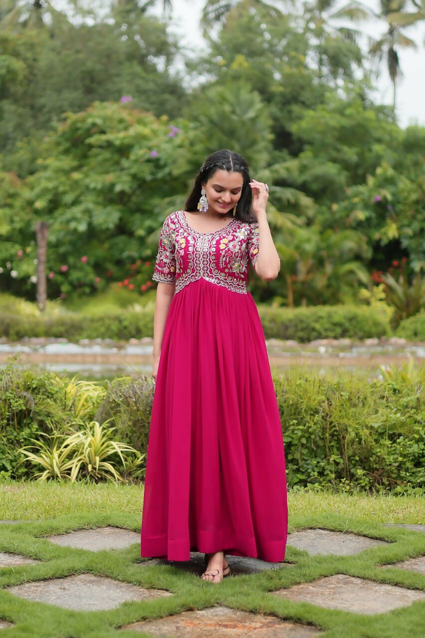 Vastranavya Faux Blooming with Embroidery Zari Sequins-work Gown - Pink