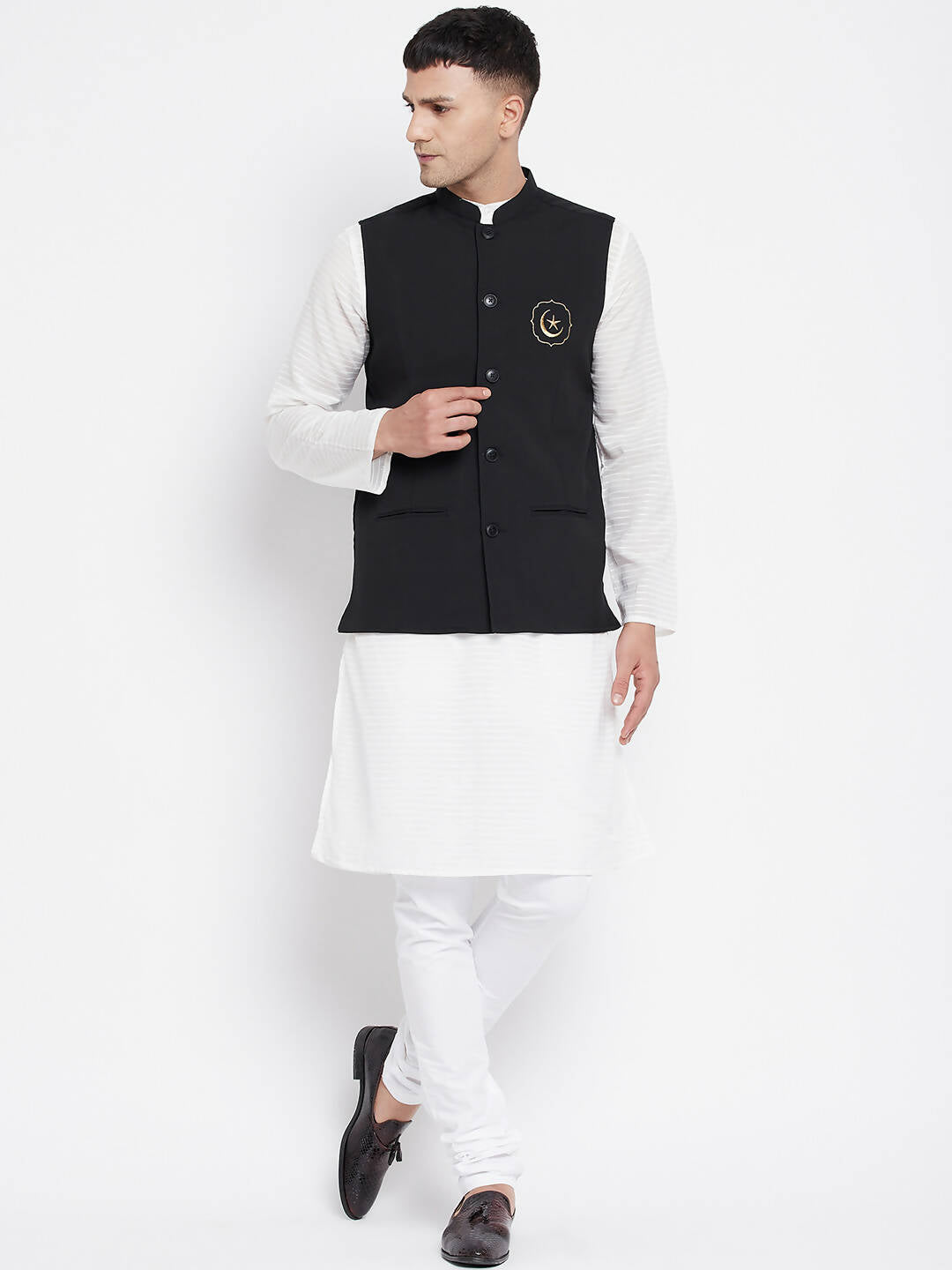 Even Apparels Black Pure Cotton White Kurta Sets With Eid Insignia Jackets PW668