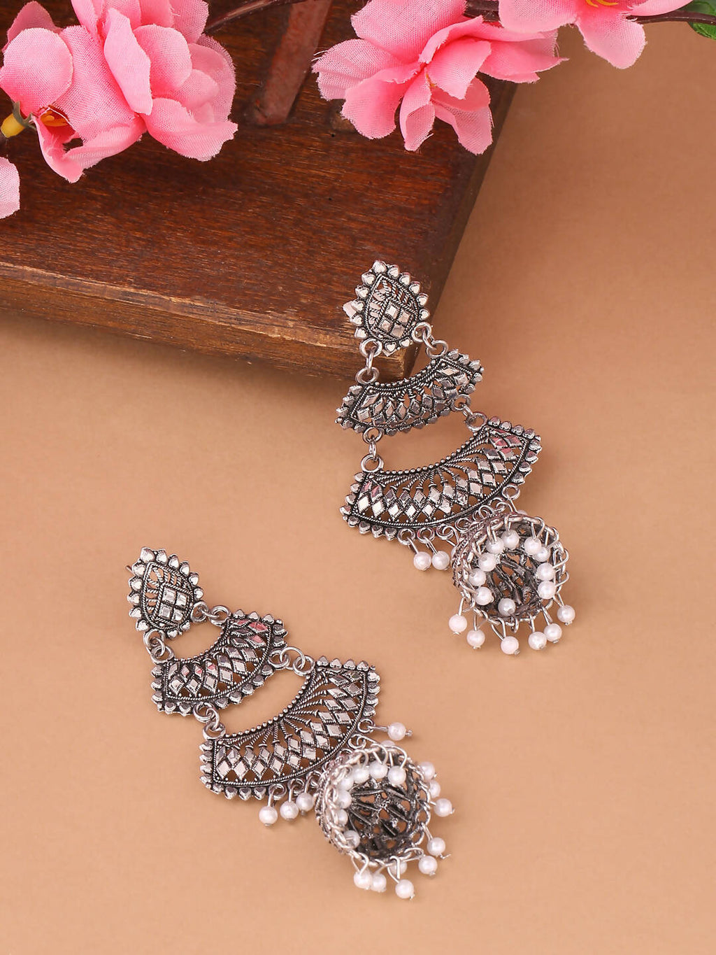 NVR Women Silver Toned Contemporary Jhumka Earrings