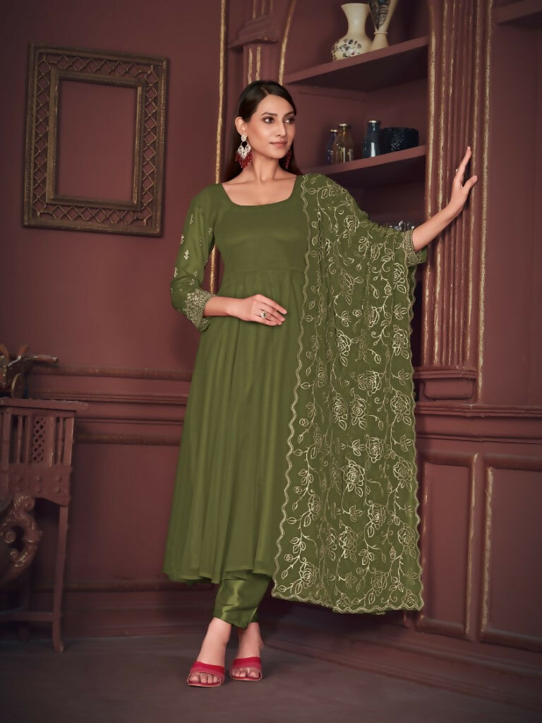 Jyoti Fashion Women's Olive Green Georgette Embroidered Anarkali Kurta Pant Set With Dupatta