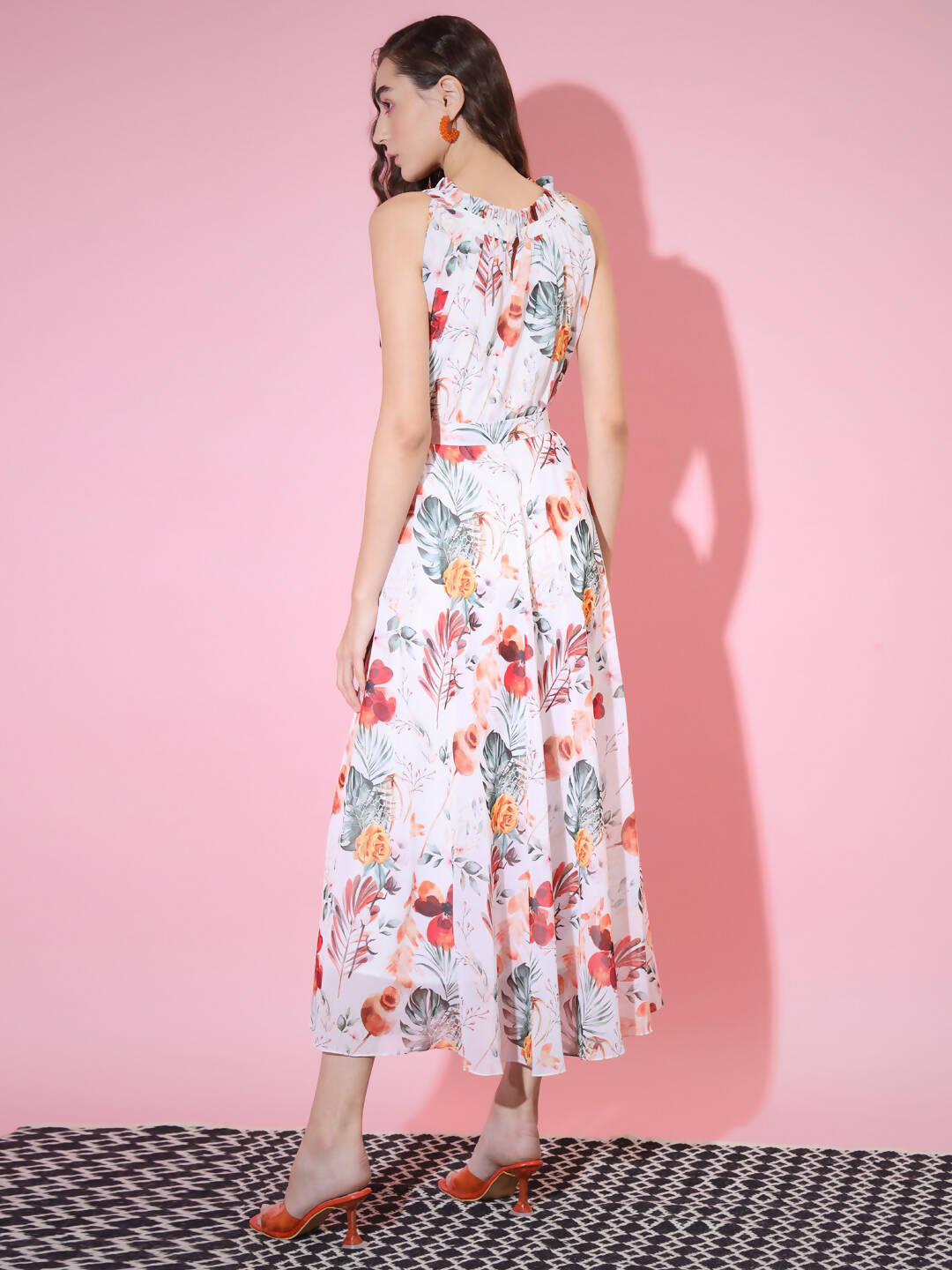 Myshka Women's White Floral Printed Empire Dress