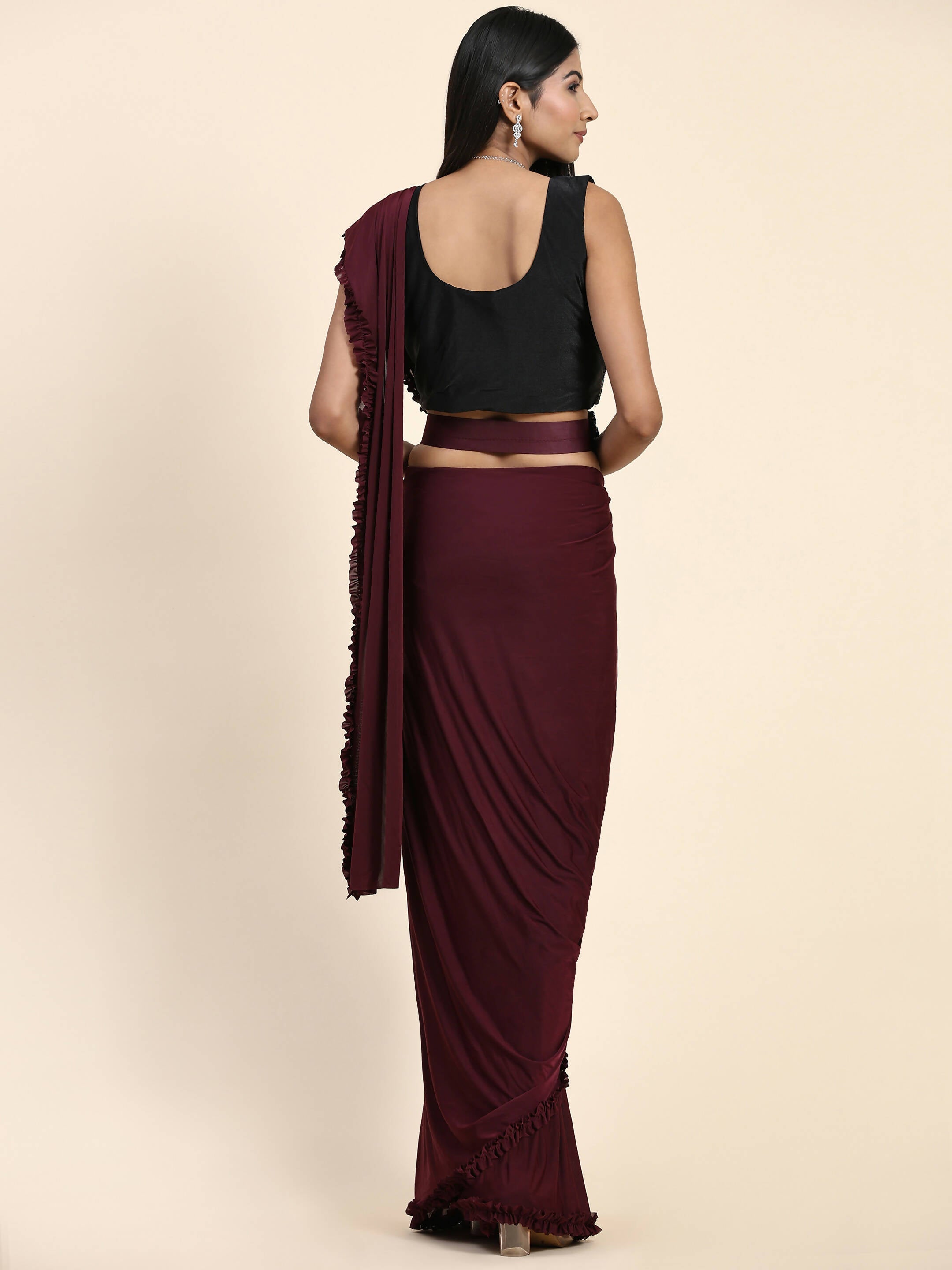Maroon Imported Fabric Plain Ready to wear Saree with stitched Blouse - Vrinda