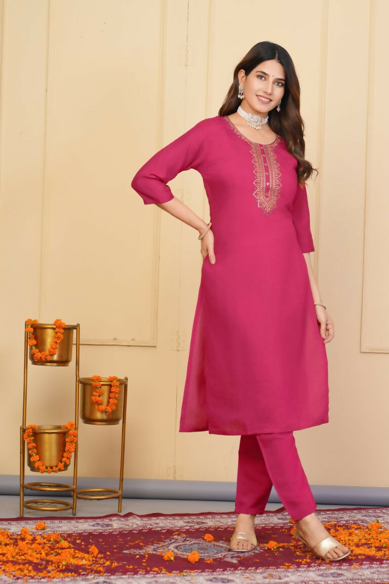 Red Viscose Chanderi Embroidered Stitched Suit With Dupatta - Tanisha