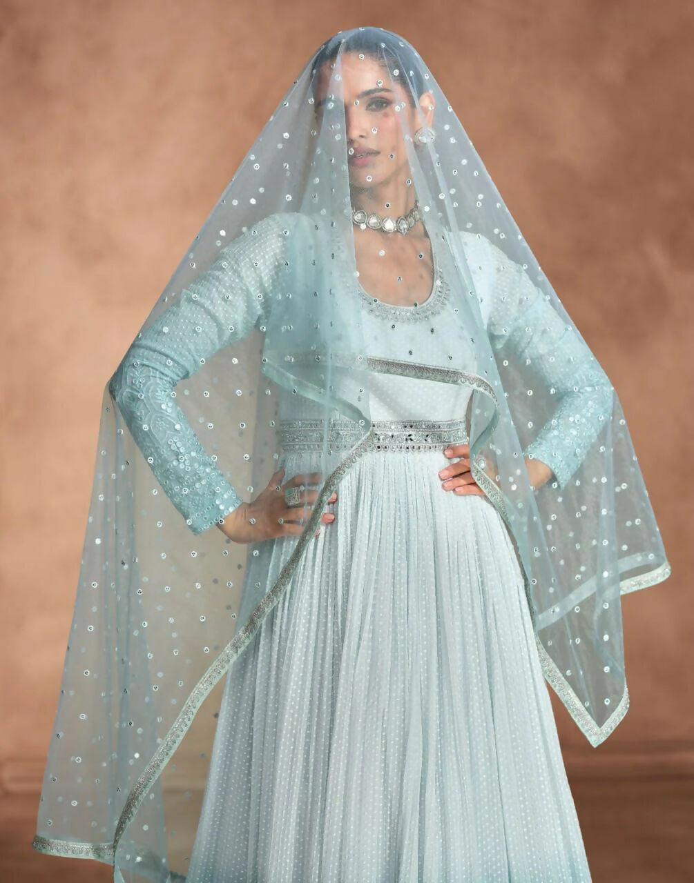 Vastranavya Sky Blue Chikankari Embroidered Sequence Work Abaya Suit