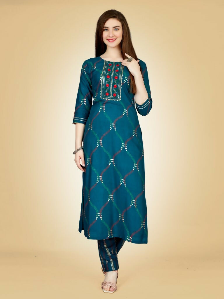Jyoti Fashion Women's Teal Viscose Rayon Embroidered Kurta Pant Set