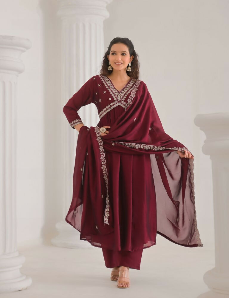 Ethnic Festive Wear Vichitra Silk Wine Stitched Suit With Dupatta - Tanisha