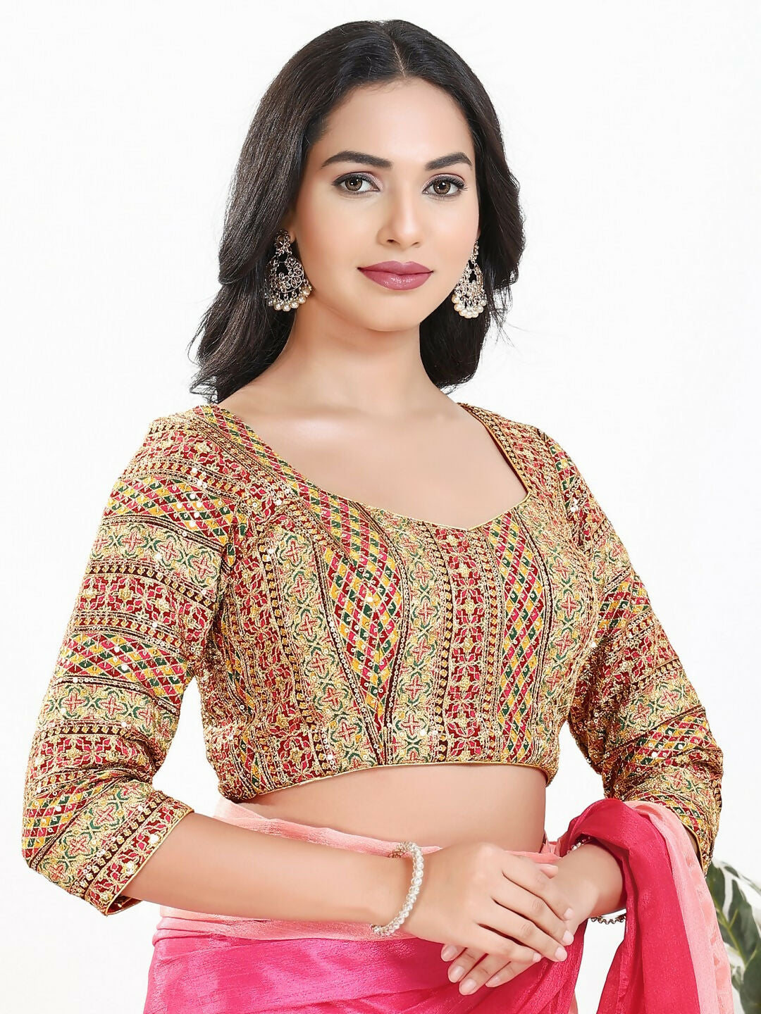 Joban Fashion Pink Multi Silk Padded Blouse With Sweetheart Neck 3/4 Sleeves