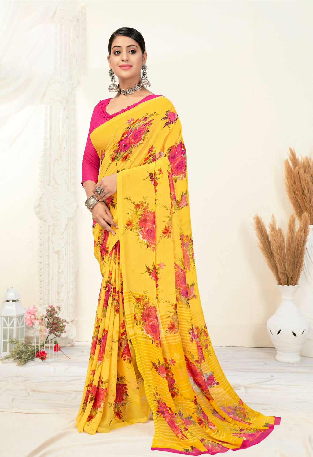 Yellow Georgette Floral Printed Saree With Unstitched Blouse Piece - Jyoti