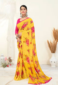 Yellow Georgette Floral Printed Saree With Unstitched Blouse Piece - Jyoti