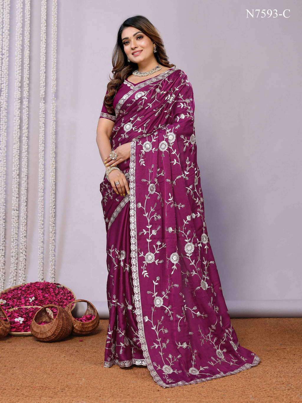 Purple Pure Satin Embroidered Saree With Stitched Blouse - Nimaya Kaksha