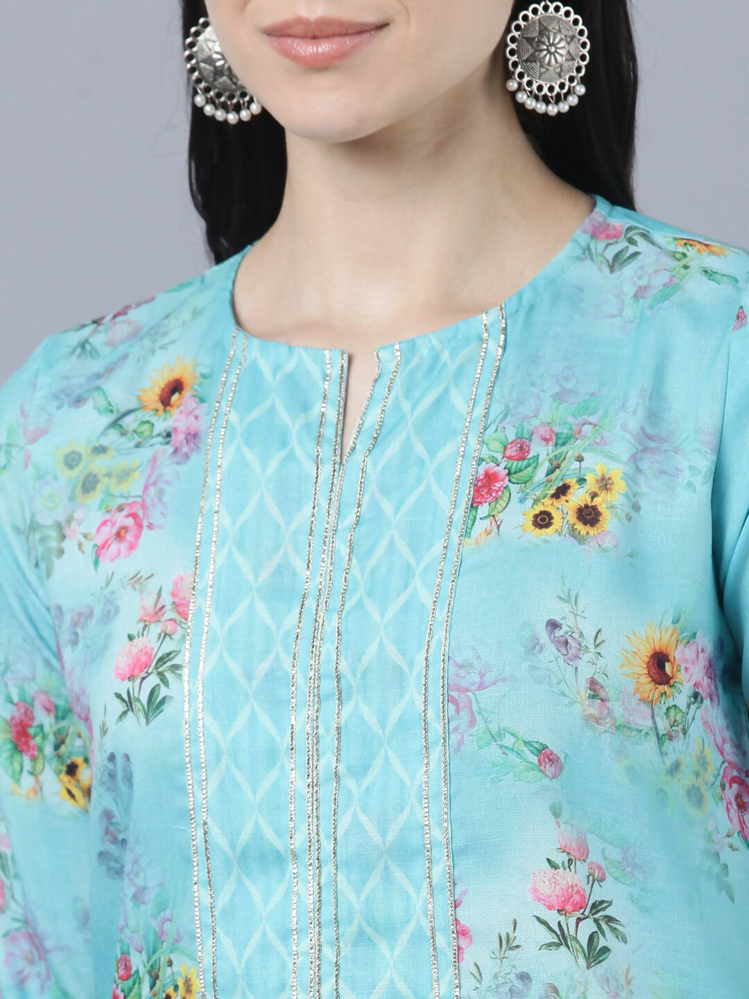 Myshka Women Blue Yellow Printed Kurta with Trousers
