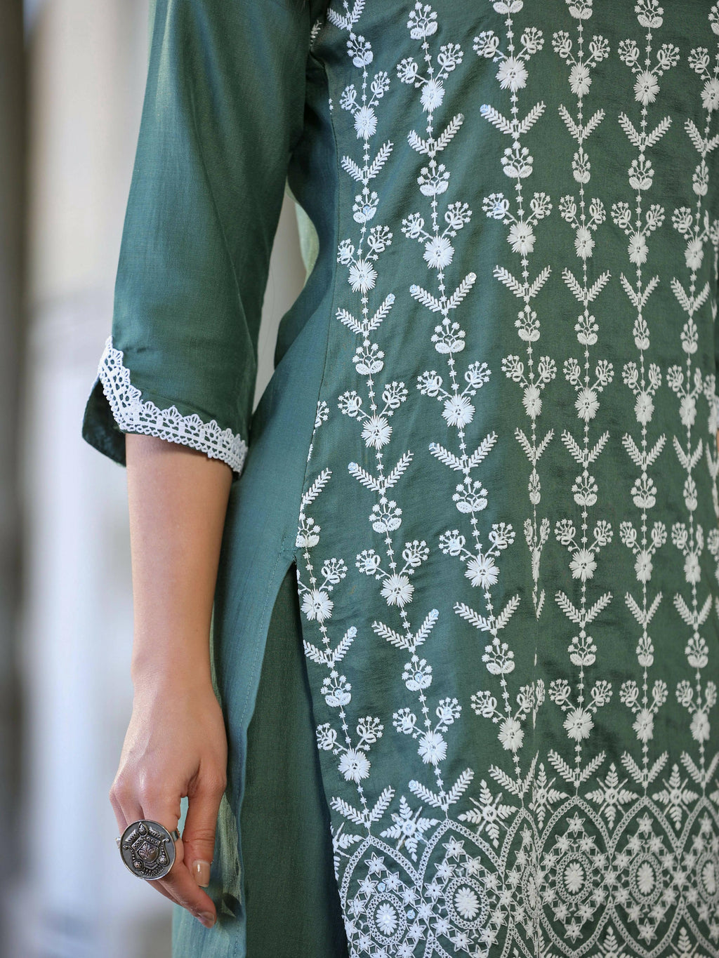 Juniper Women's Green Chinnon Embroidered Kurta Garara Set