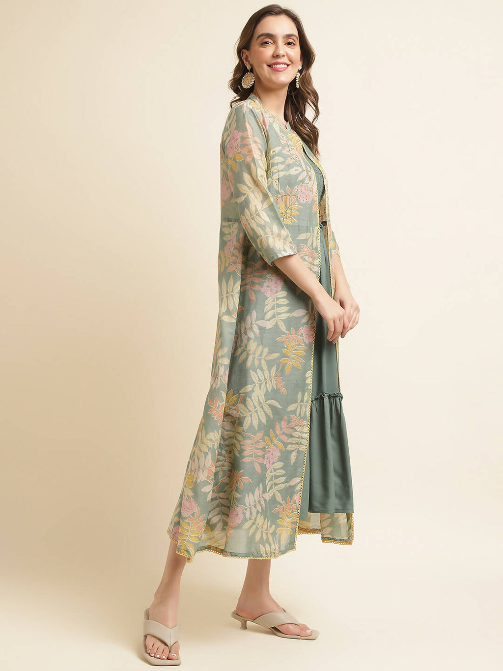 Green Cotton Solid Flared Dress with Printed Shrug - Yukti
