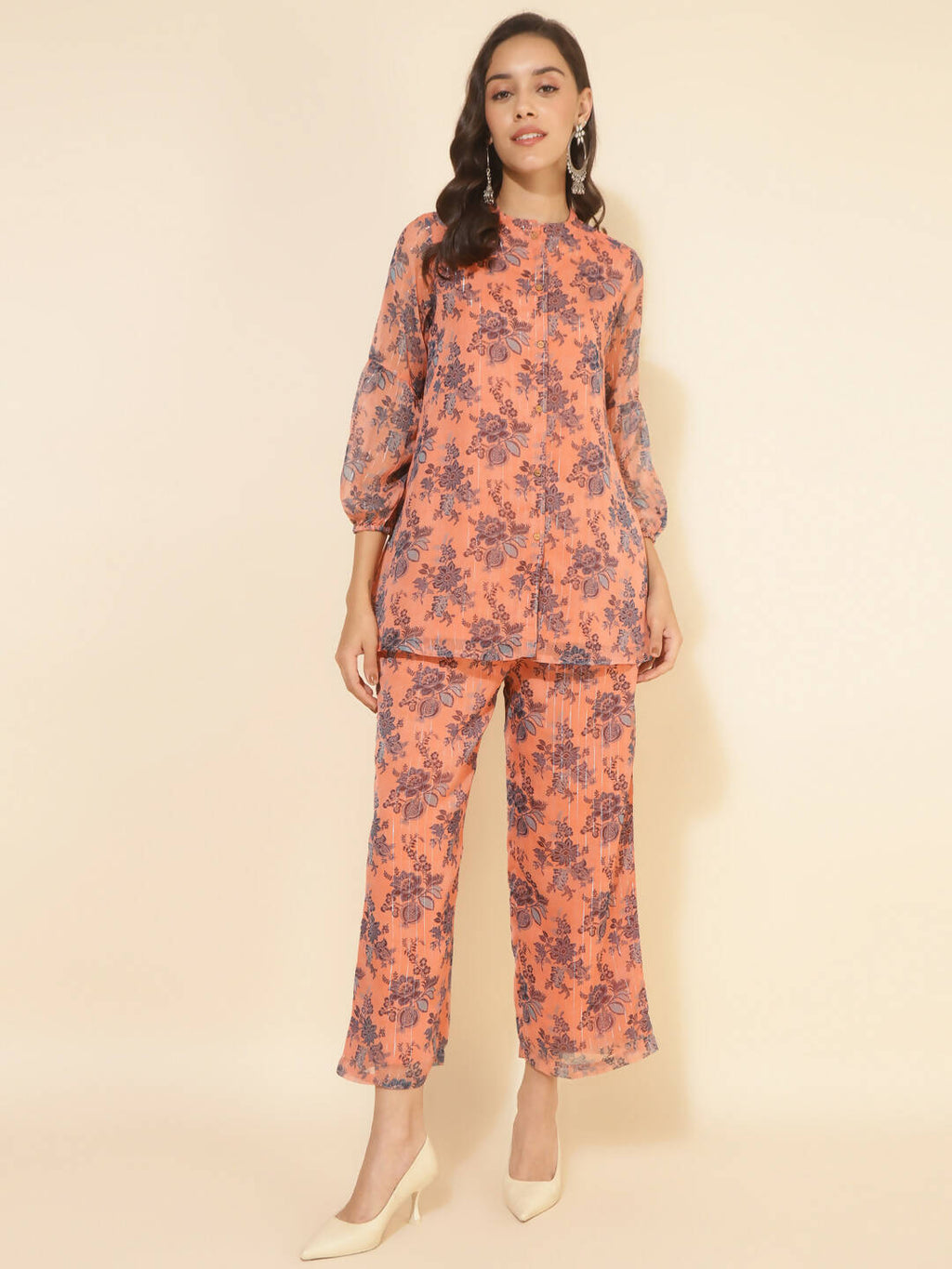 Janasya Women's Peach Chiffon Lurex Floral Printed Festive Regular Co-ords