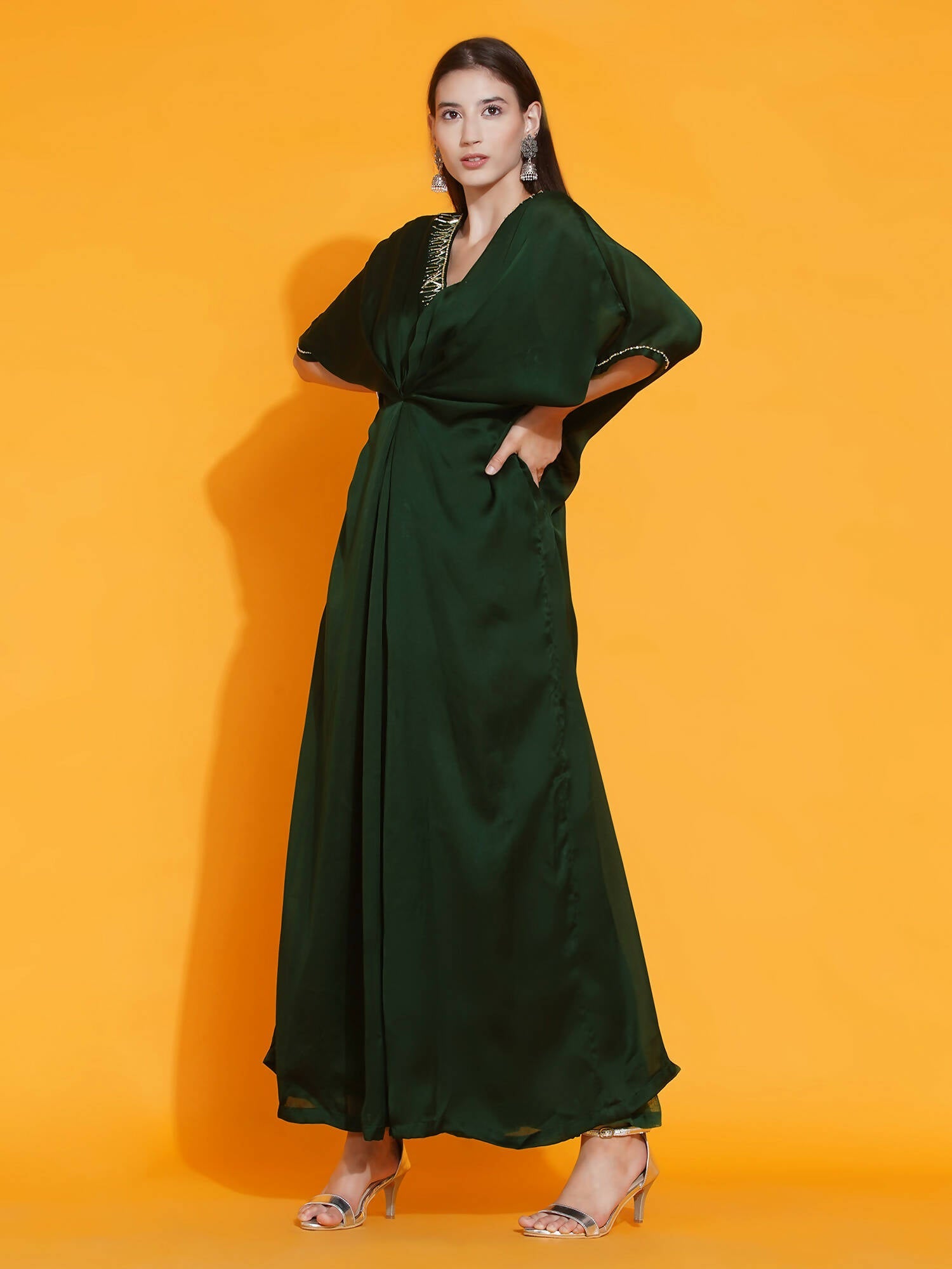 Women Republic Green Georgette Hand Embellished Kaftan Style Gown