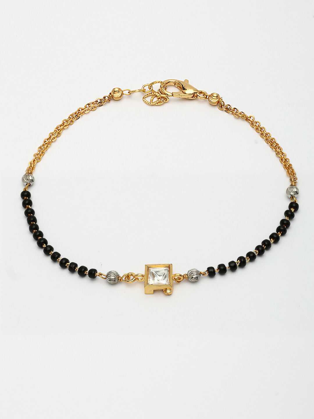 NVR Women Gold-Polished & Black Brass Stone-Studded Hand Mangalsutra Link Bracelet
