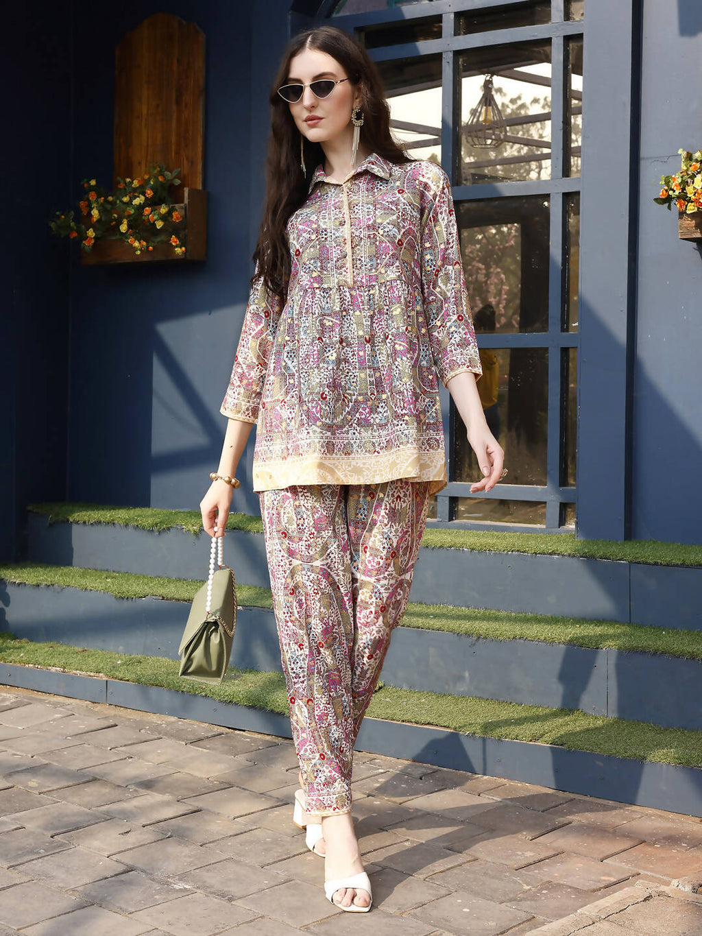 Pink & Beige Rayon Floral Printed Top with Matching Bottom - Eesha