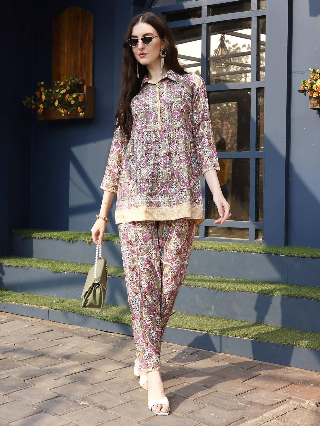 Pink & Beige Rayon Floral Printed Top with Matching Bottom - Eesha
