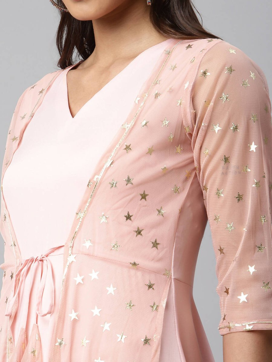 Ahalyaa Women Pink Crepe & Net Foil Print Dress