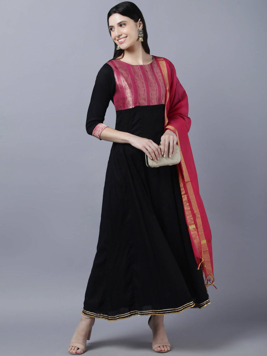 Myshka Women Black Peach-Coloured Colourblocked Cotton Anarkali Kurta