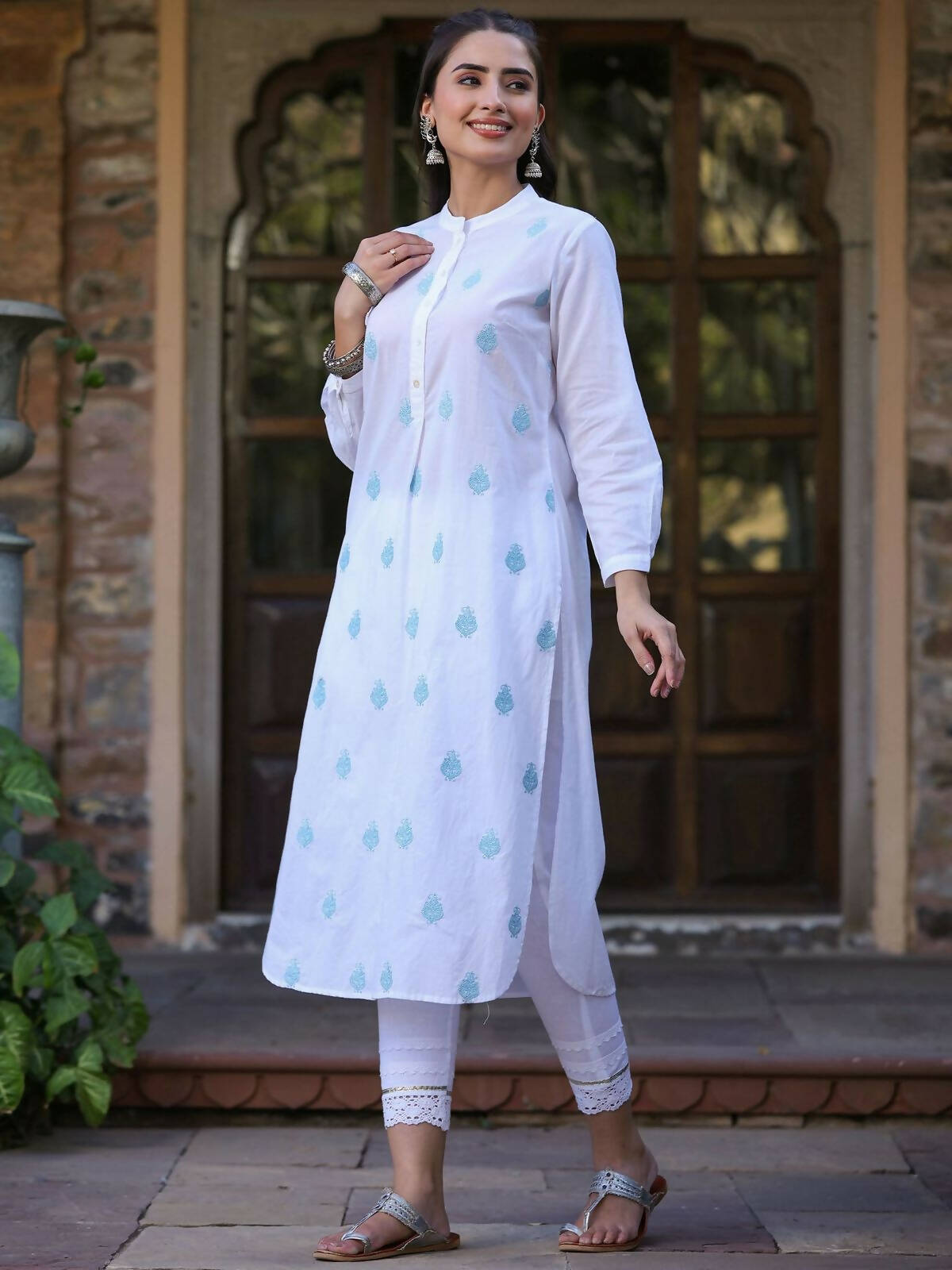 Juniper Women's White Cambric Printed Straight Kurta