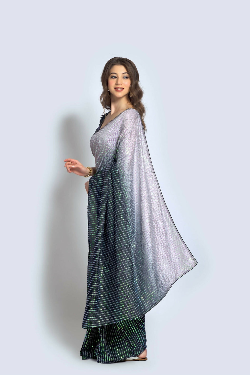 Vegaa Fashion Grey Vichitra Silk Embroidered Party Wear Saree