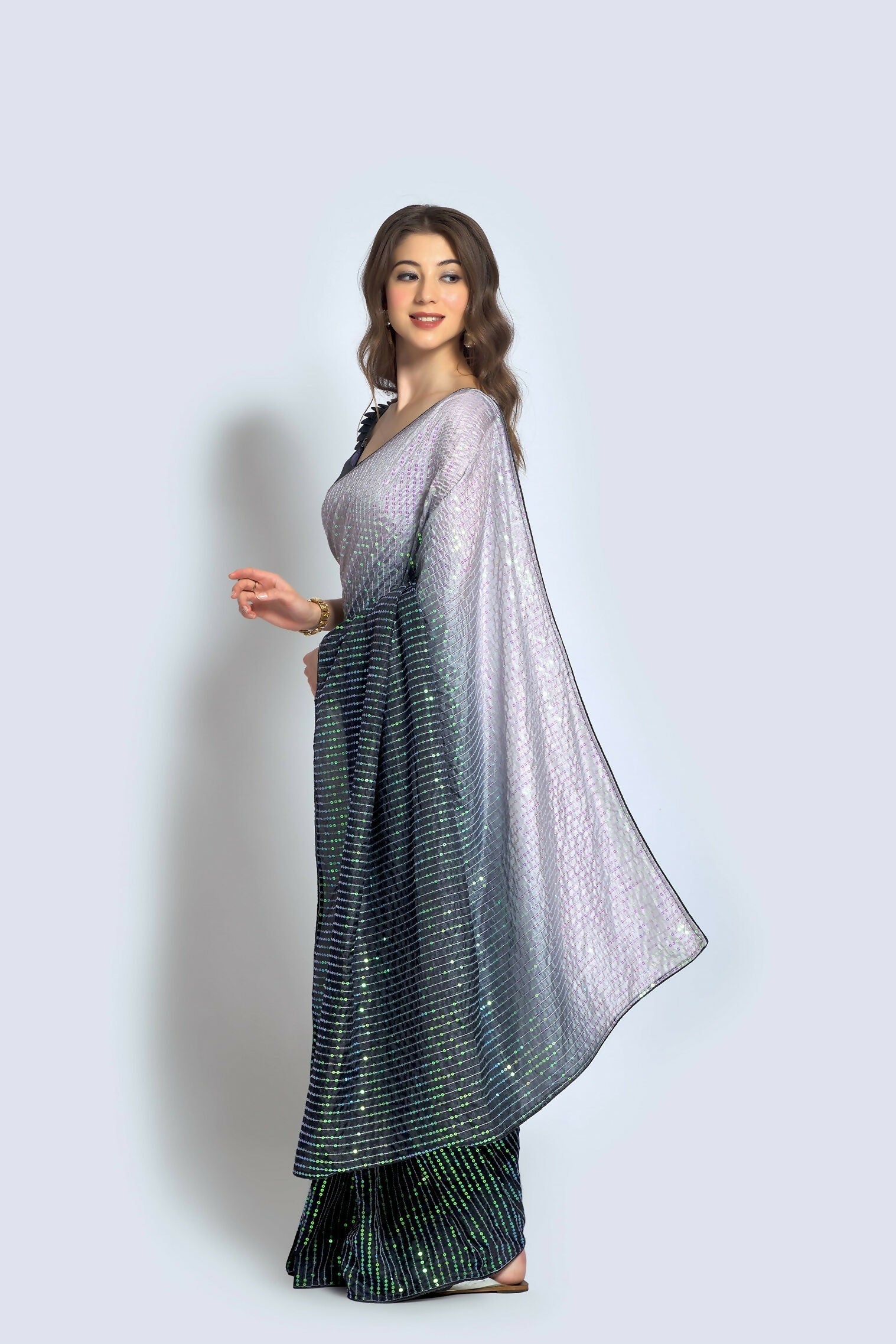 Vegaa Fashion Grey Vichitra Silk Embroidered Party Wear Saree
