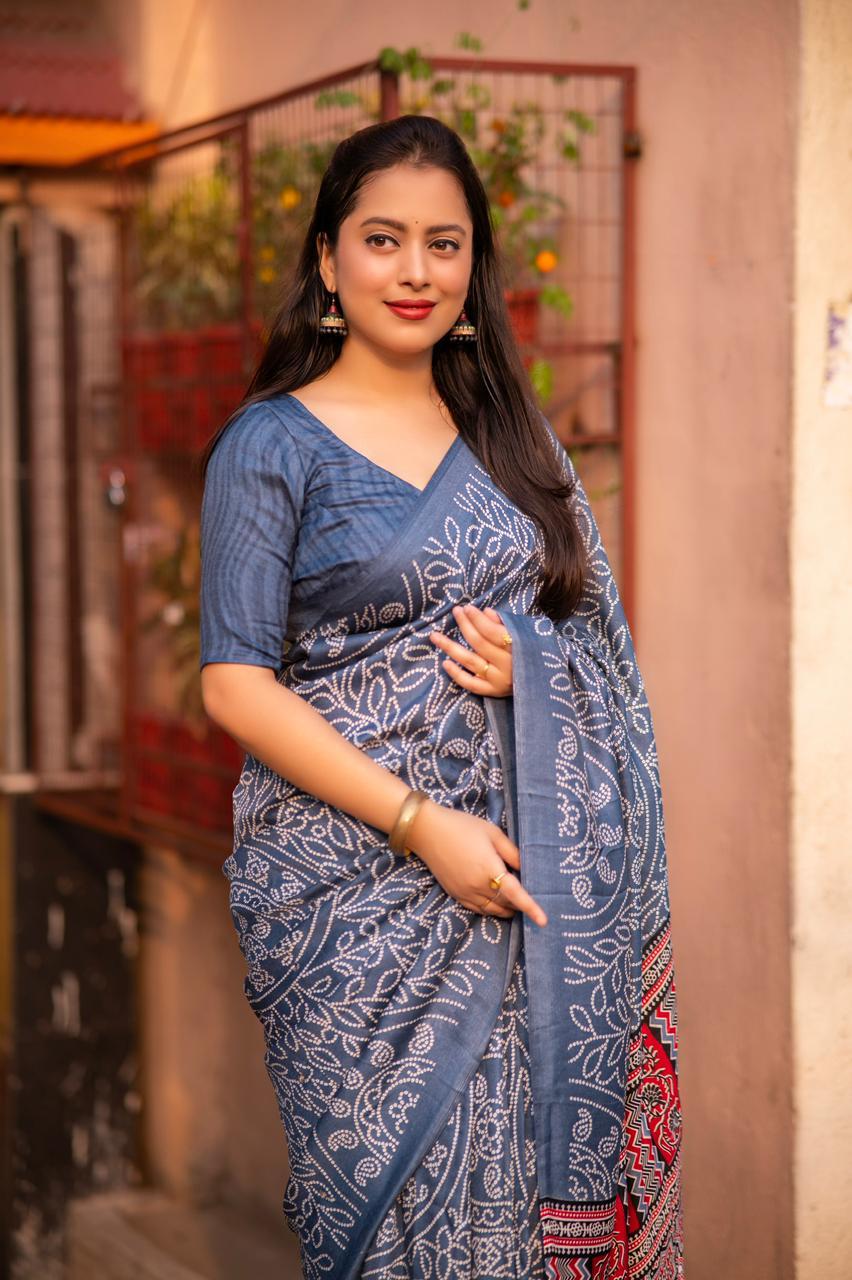Grey Silk Blend Ajrak Saree with Unstitched Blouse - Hiral Fashion