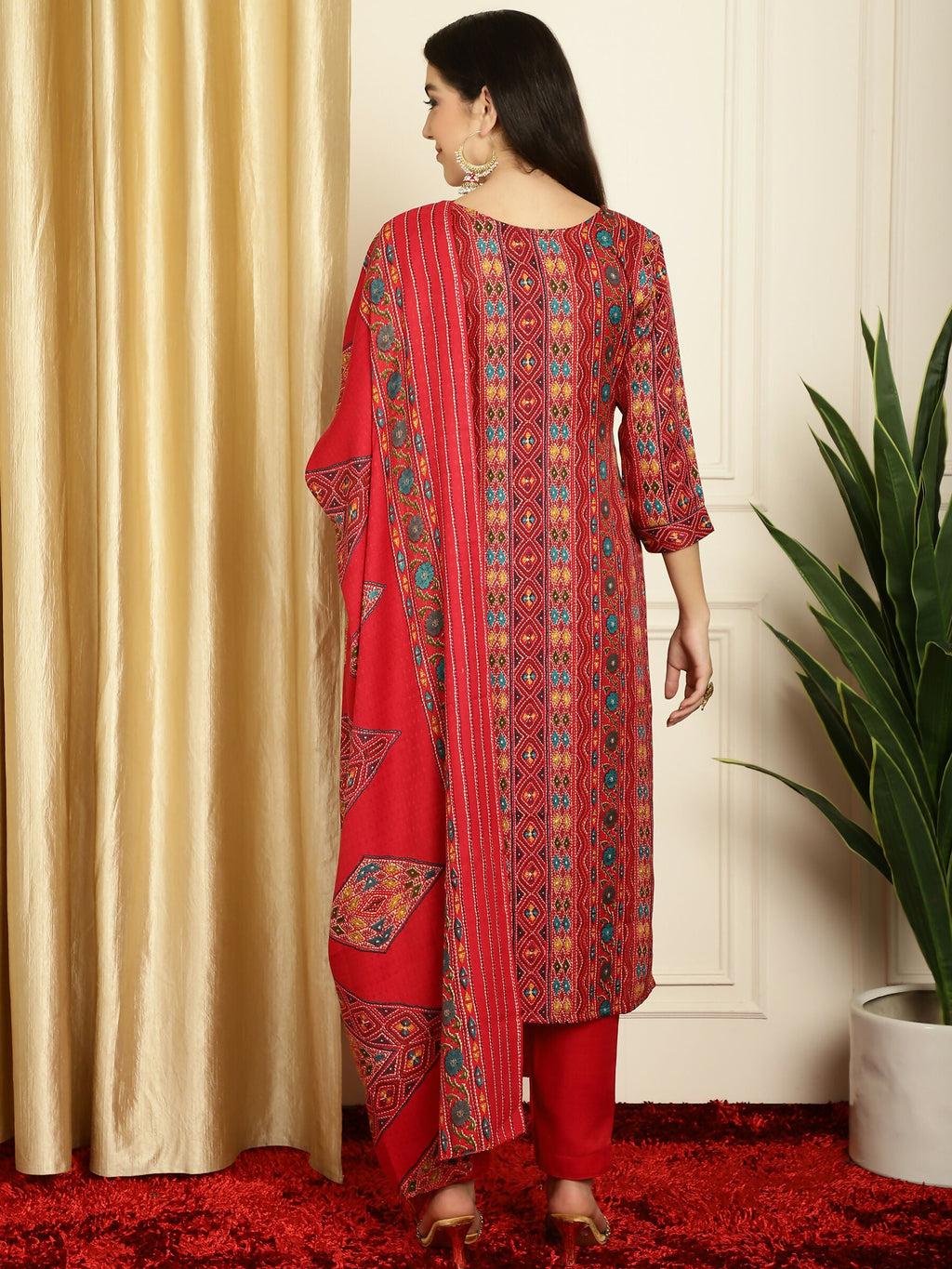 Jyoti Fashion Women's Red Pashmina Floral Digital Printed Kurta with Trouser & Dupatta