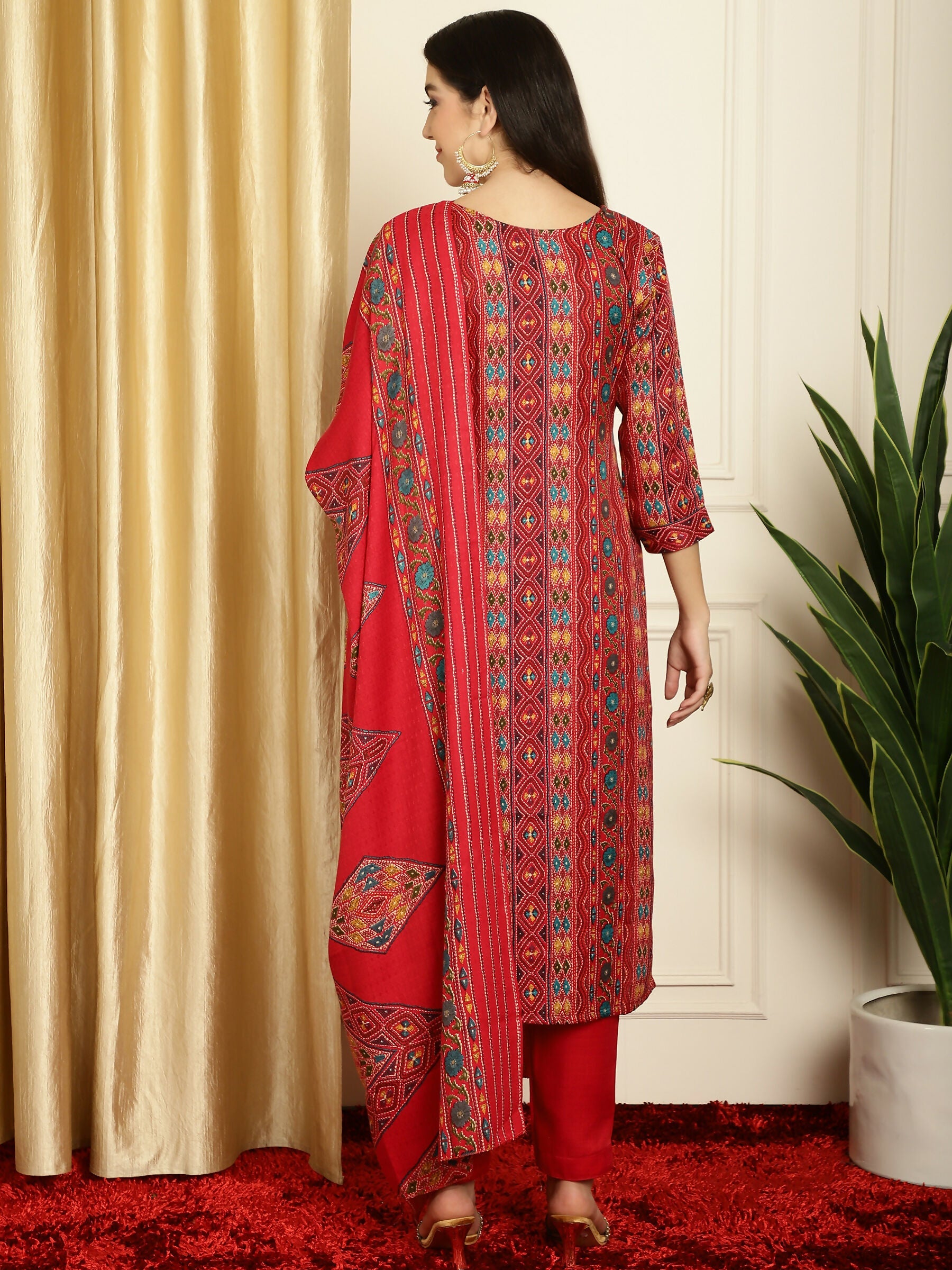 Jyoti Fashion Women's Red Pashmina Floral Digital Printed Kurta with Trouser & Dupatta