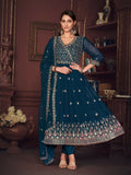 Jyoti Fashion Women's Rama Georgette Embroidered Anarkali Kurta Pant Set With Dupatta