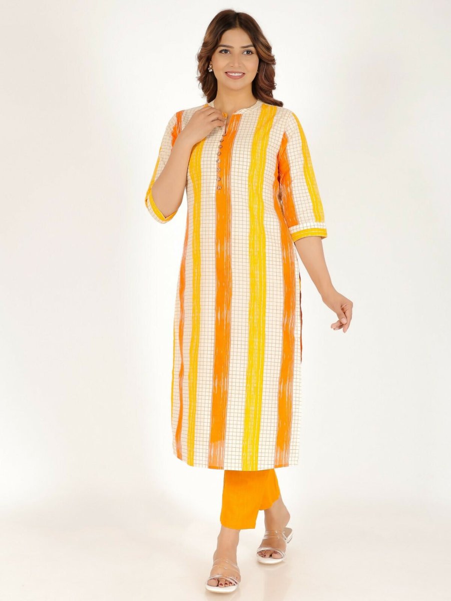 Aramya Yellow Soft Cotton Checkered Print Straight Kurta Set for Women