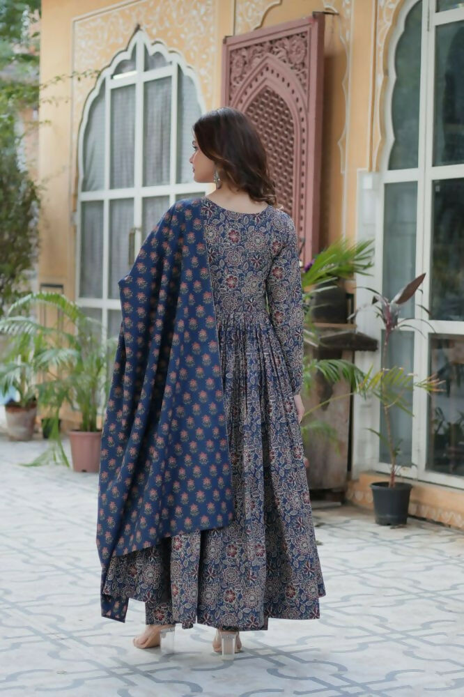 Vastranavya Navy Blue Pure Cotton Printed Top with Pant & Dupatta Set