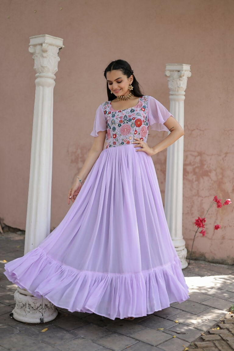 Jyoti Fashion Women's Purple Sequins Thread Embroidery Faux Georgette Anarkali Dress