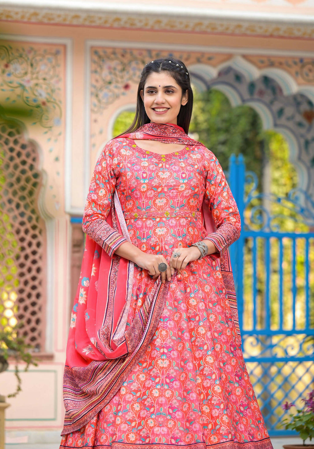 Functional Designer Red-Orange Dola Silk Anarkali suit with Dupatta - Ramya