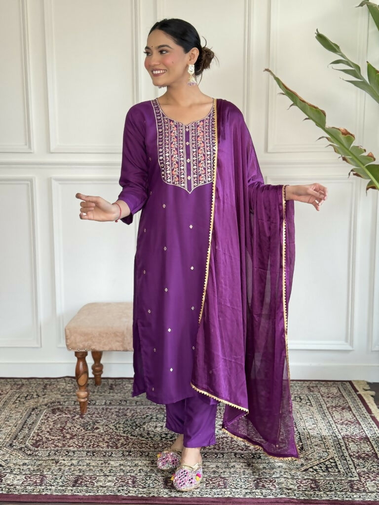 Purple Rayon Slub Stitched Suit With Dupatta - Tanisha