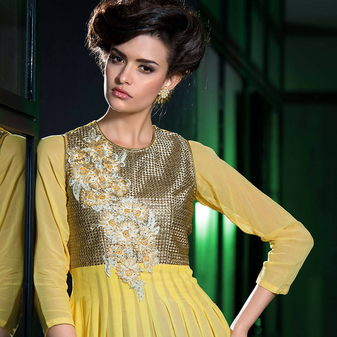 Yellow Georgette Floral Embroidered A-line Kurti - Missy