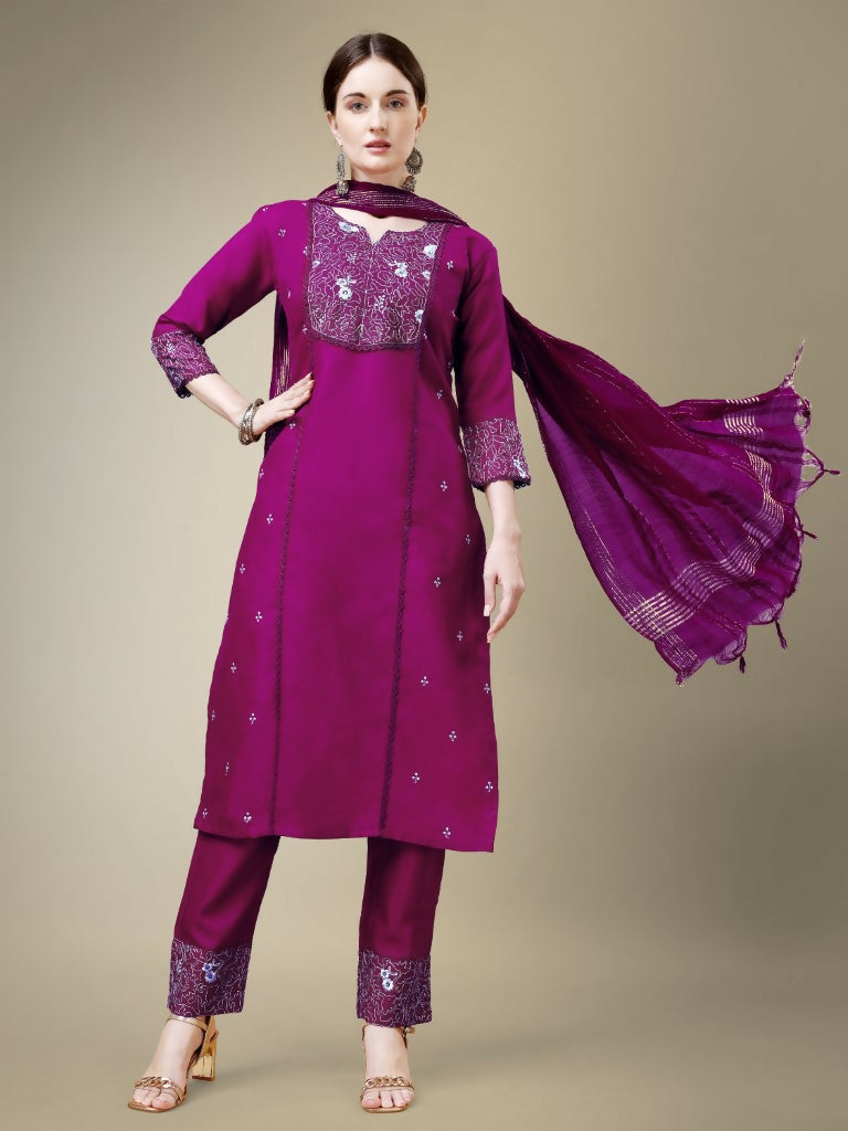 Jyoti Fashion Women's Purple Cotton Blend Embroidery & Fancy Lace work Kurta with Trouser & Dupatta