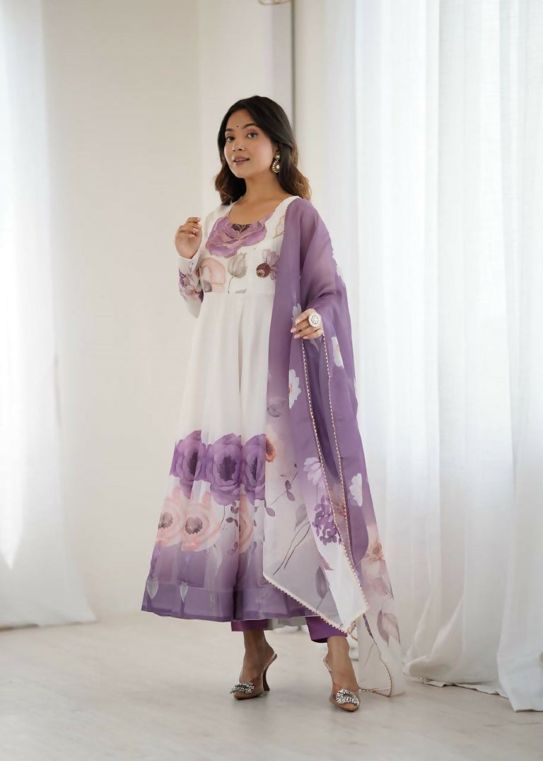 Teeya Creation Violet Color Soft organza Silk Digital Print Party Wear Gown