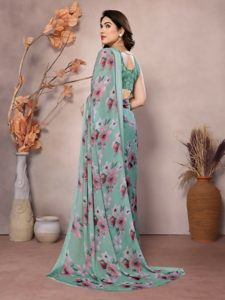 Designer Partywear Teal Bright Moss Satin Patta Fancy Saree - Kanak