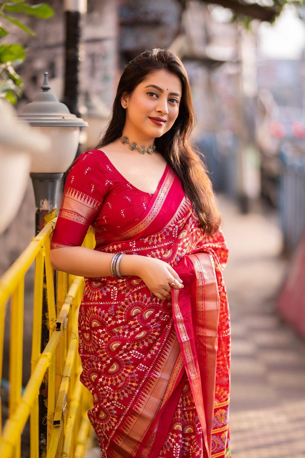 Red Cotton Crepe Zari Woven Saree with Unstitched Blouse - Hiral Fashion