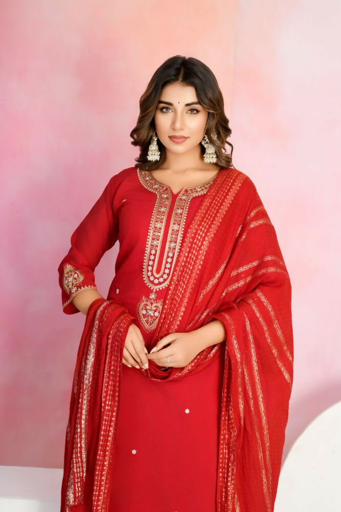 Ethnic Festive Wear Viscose Chanderi Red Stitched Suit With Dupatta - Tanisha