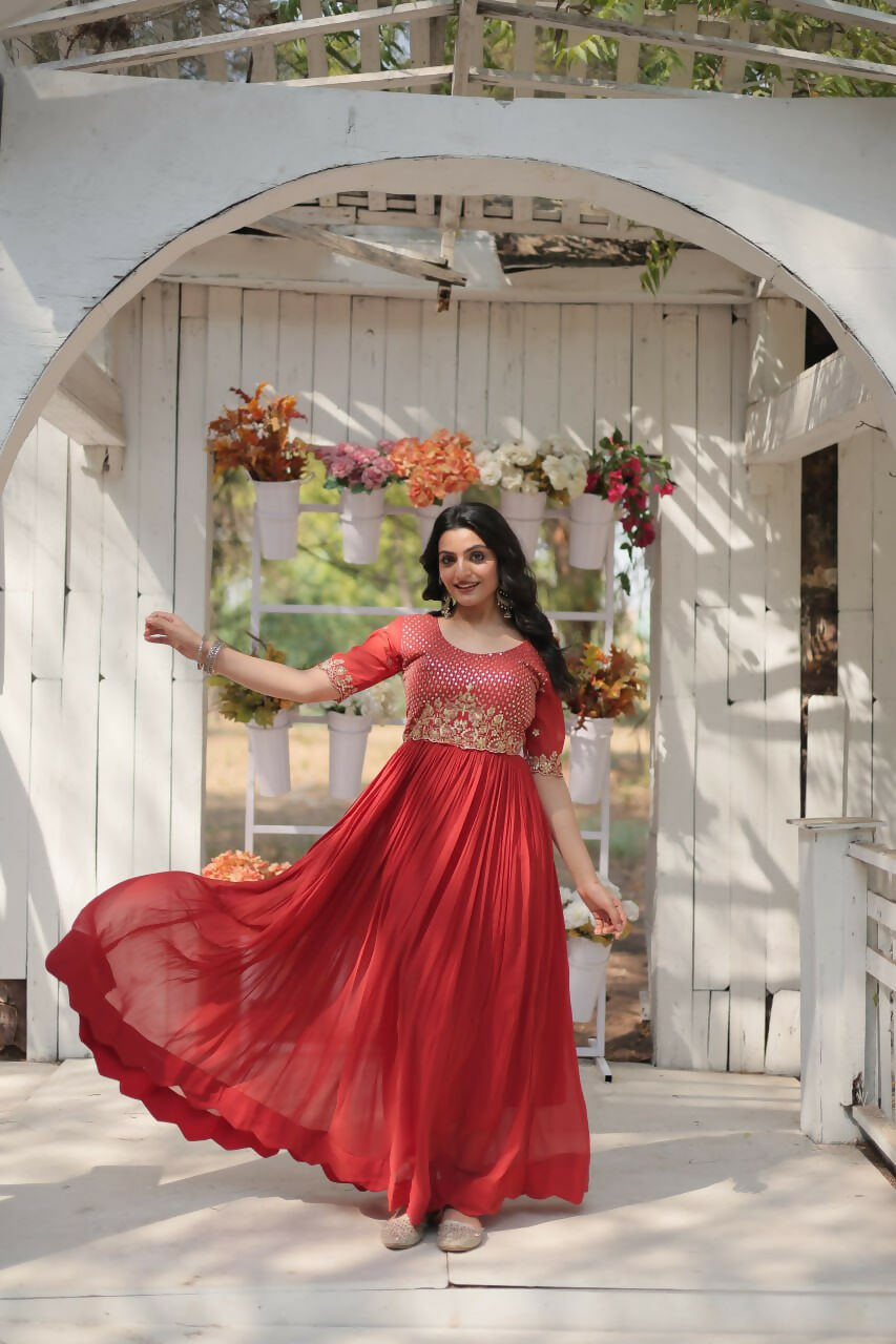 Vastranavya Faux Blooming with Embroidery Zari Sequins-work Gown - Orange