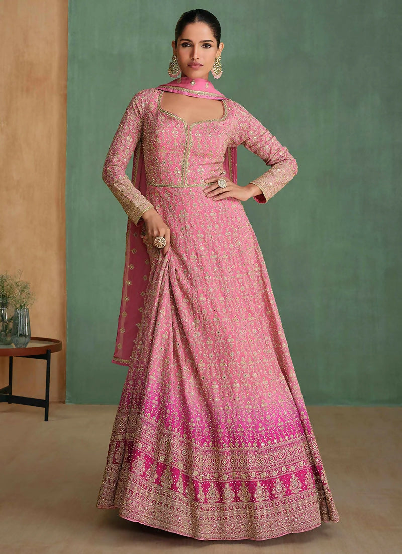 Vastranavya Peach Georgette Seroski Diamond Embroidered Sequins A Line Stunning Anarkali Suit